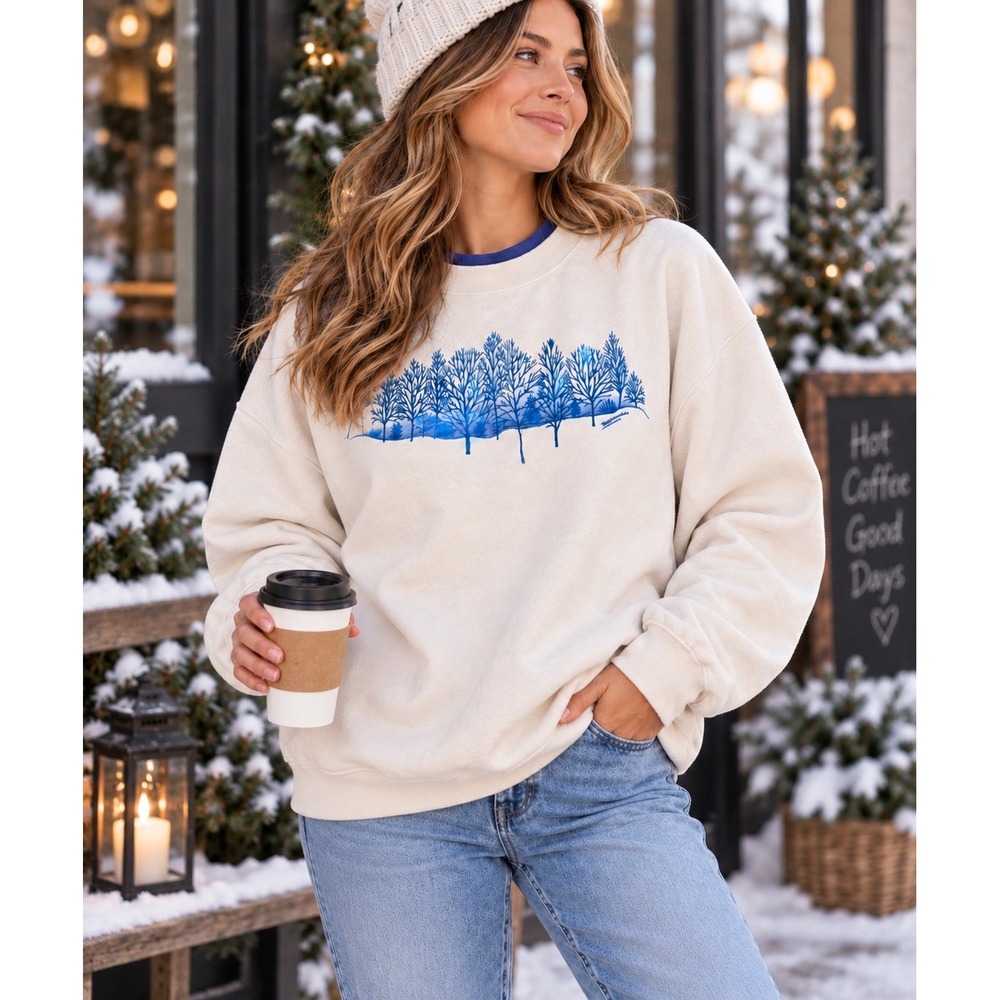 Oversized Crewneck Winter Forest Sweatshirt Blue Trees Grandma Lake Cabin Sz XL
